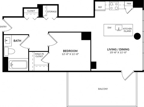Floor plan for 1 bed, 1 bath, 815 sqft